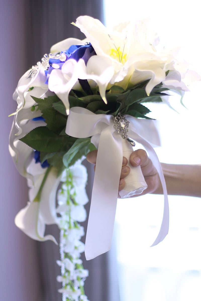 IFFO New Bridal Bouquet, Wedding Flowers, Calla Lilies, Artificial Flowers, Waterfalls, Water Drop Style, Collection Decorations (Royal Blue) - Image 3